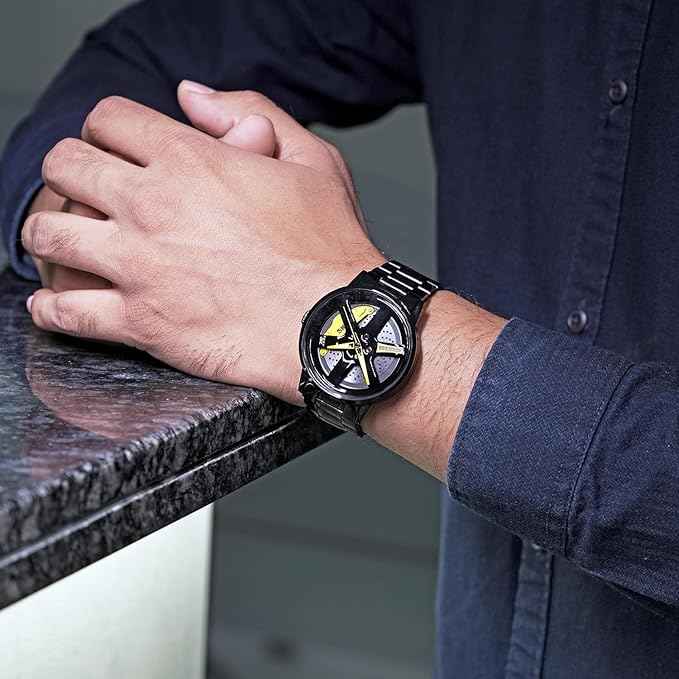 Men's Luxury Spinning Wheel Watch | Analog Timepiece with Creative Black Dial and Stainless Steel Band | SKU-W13