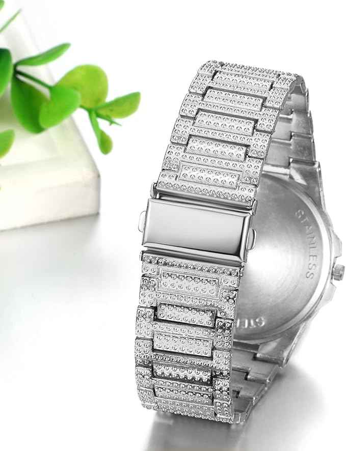 Men’s Iced Out Diamond Watch | Luxury Hip-Hop Silver Rhinestone Quartz Wristwatch for Halloween & Christmas