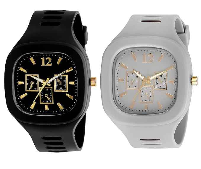 Square Dial Combo Watch for Boys & Men - Dual Color Silicone Strap Analog Watch in Grey and Black - SKU-W11
