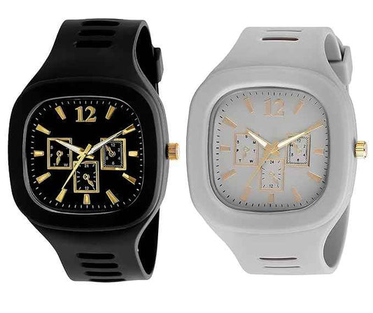 Square Dial Combo Watch for Boys & Men - Dual Color Silicone Strap Analog Watch in Grey and Black - SKU-W11
