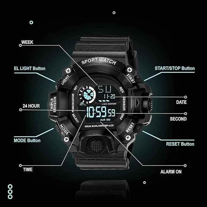Digital Sports Watch for Men - Rugged Outdoor Multi-Function with Countdown Timer, Alarm & WR30 Water Resistance | SKU-W15