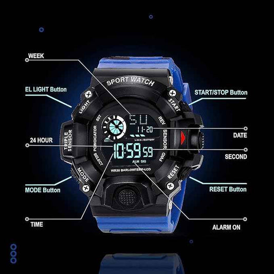 Digital Sports Watch for Men - Rugged Outdoor Multi-Function with Countdown Timer, Alarm & WR30 Water Resistance (Blue) | SKU-W16