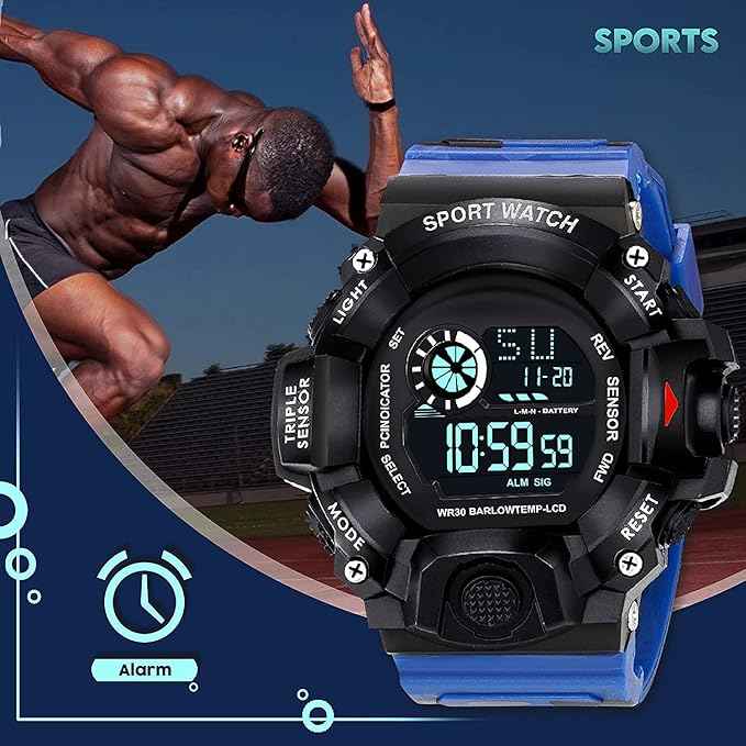 Digital Sports Watch for Men - Rugged Outdoor Multi-Function with Countdown Timer, Alarm & WR30 Water Resistance (Blue) | SKU-W16