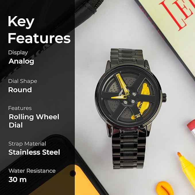 Men's Luxury Spinning Wheel Watch | Analog Timepiece with Creative Black Dial and Stainless Steel Band | SKU-W13