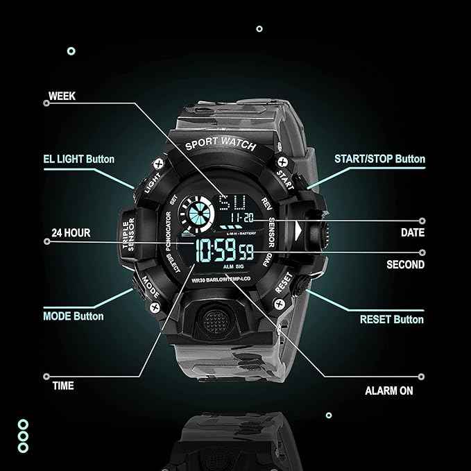 Digital Sports Watch for Men – Rugged Multi-Function Outdoor Timer, Alarm & WR30 Water Resistant (Grey) | SKU-W17