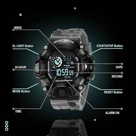 Digital Sports Watch for Men – Rugged Multi-Function Outdoor Timer, Alarm & WR30 Water Resistant (Grey) | SKU-W17