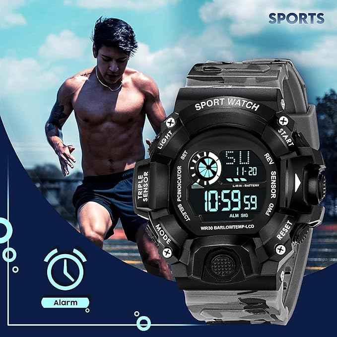 Digital Sports Watch for Men – Rugged Multi-Function Outdoor Timer, Alarm & WR30 Water Resistant (Grey) | SKU-W17