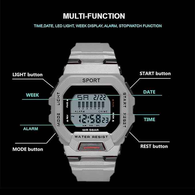 Sportz Digital Silicone Strap Watch for Kids - Stylish Waterproof LED Sports Digital Watch for Kids (Grey) | Durable and Comfortable Kids Digital Wristwatch (SKU-W29)