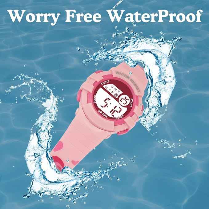 Printed Strap Digital Kids Watch with Alarm, Night Light & Waterproof Design – Perfect for Boys & Girls (Ages 5-14) (Pink)