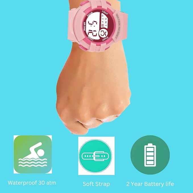 Printed Strap Digital Kids Watch with Alarm, Night Light & Waterproof Design – Perfect for Boys & Girls (Ages 5-14) (Pink)