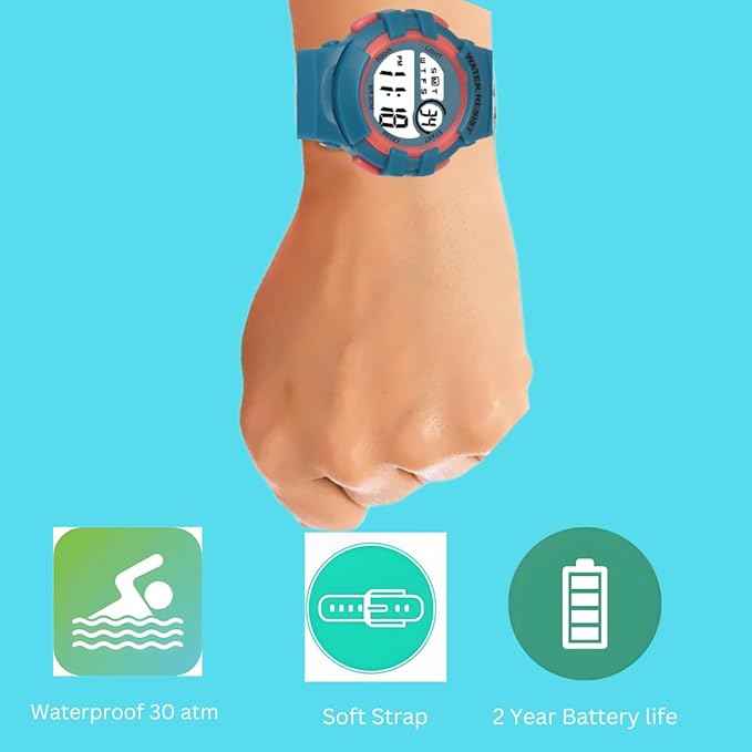 Printed Strap Digital Kids Watch with Alarm, Night Light & Waterproof Design for Boys & Girls Ages 5-14