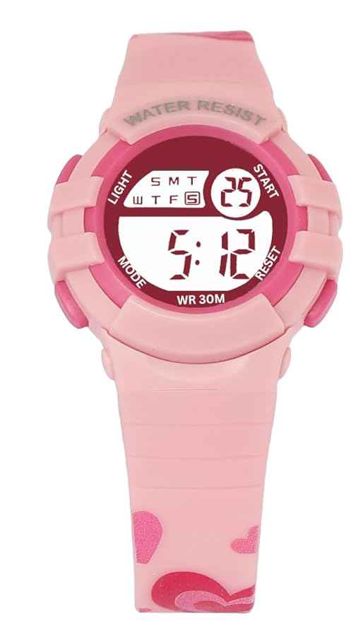 Printed Strap Digital Kids Watch with Alarm, Night Light & Waterproof Design – Perfect for Boys & Girls (Ages 5-14) (Pink)