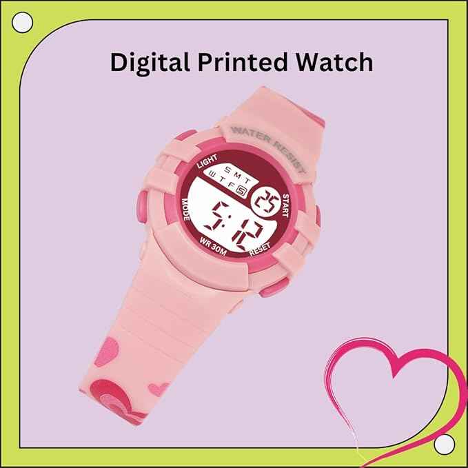 Printed Strap Digital Kids Watch with Alarm, Night Light & Waterproof Design – Perfect for Boys & Girls (Ages 5-14) (Pink)