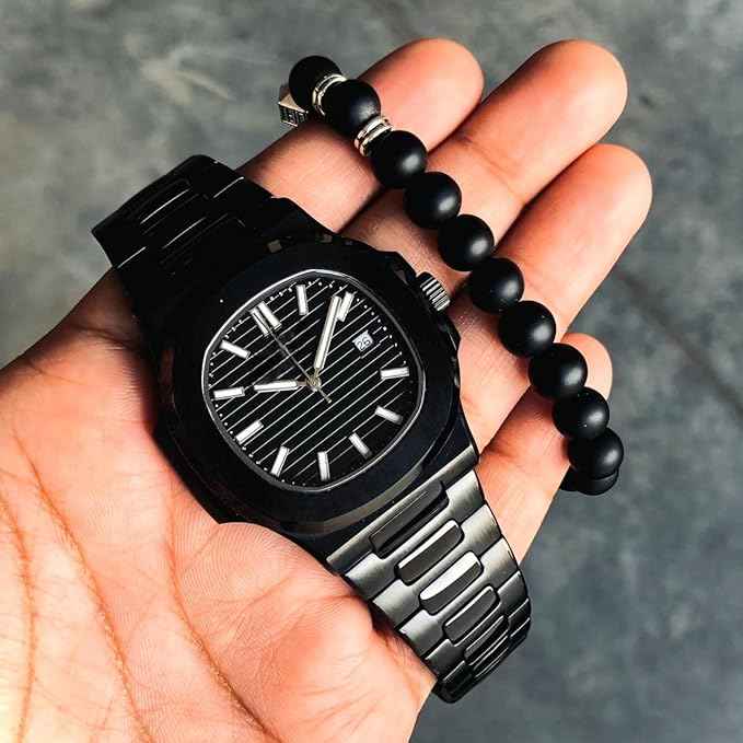 Luxury Men's Vintage Wristwatch with Stainless Steel Band and Black Textured Dial – Classic Quartz Watch with Date Display