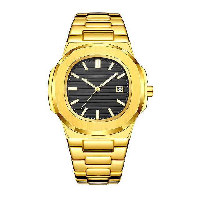 Luxury Men's Vintage Wristwatch with Gold Textured Dial and Date Display - Classic Quartz Watch with Stainless Steel Band