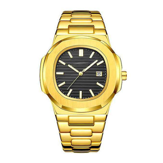 Luxury Men's Vintage Wristwatch with Gold Textured Dial and Date Display - Classic Quartz Watch with Stainless Steel Band