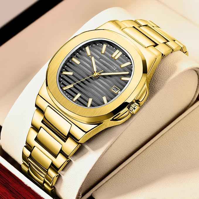 Luxury Men's Vintage Wristwatch with Gold Textured Dial and Date Display - Classic Quartz Watch with Stainless Steel Band