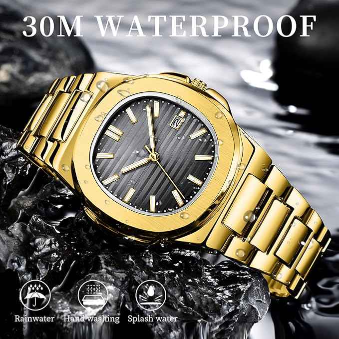 Luxury Men's Vintage Wristwatch with Gold Textured Dial and Date Display - Classic Quartz Watch with Stainless Steel Band