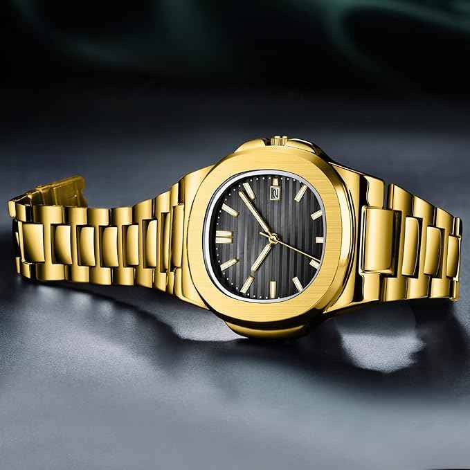 Luxury Men's Vintage Wristwatch with Gold Textured Dial and Date Display - Classic Quartz Watch with Stainless Steel Band