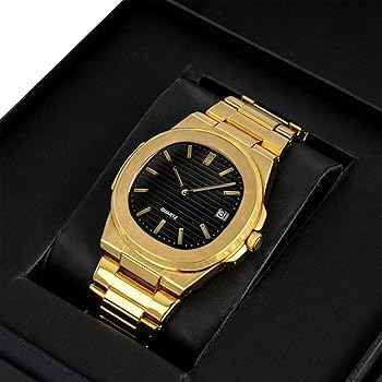 Luxury Men's Vintage Wristwatch with Gold Textured Dial and Date Display - Classic Quartz Watch with Stainless Steel Band