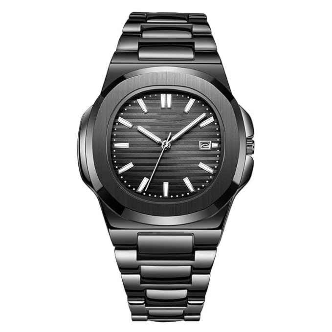 Luxury Men's Vintage Wristwatch with Stainless Steel Band and Black Textured Dial – Classic Quartz Watch with Date Display