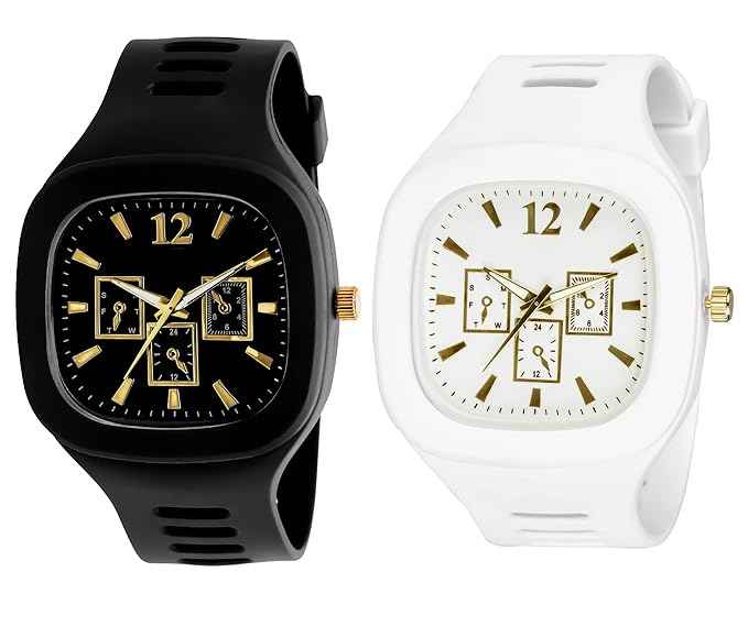 Square Dial Combo Watch for Boys & Men - Dual Color Silicone Strap Analog Watch (White & Black) - SKU-W9