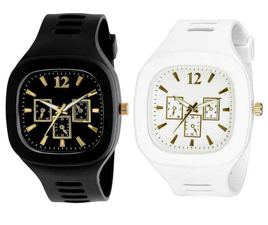 Square Dial Combo Watch for Boys & Men - Dual Color Silicone Strap Analog Watch (White & Black) - SKU-W9
