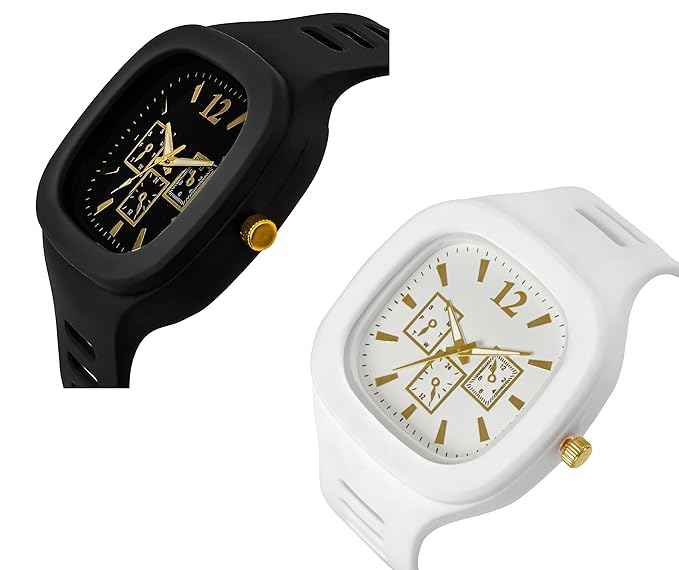 Square Dial Combo Watch for Boys & Men - Dual Color Silicone Strap Analog Watch (White & Black) - SKU-W9