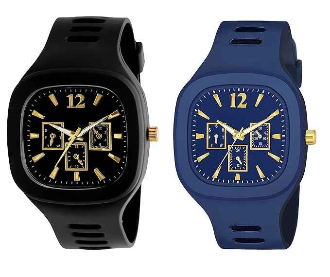 Square Dial Combo Watch for Boys & Men - Dual Color Silicone Strap Analog Watch (Black & Blue) - SKU-W7