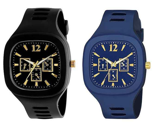 Square Dial Combo Watch for Boys & Men - Dual Color Silicone Strap Analog Watch (Black & Blue) - SKU-W7