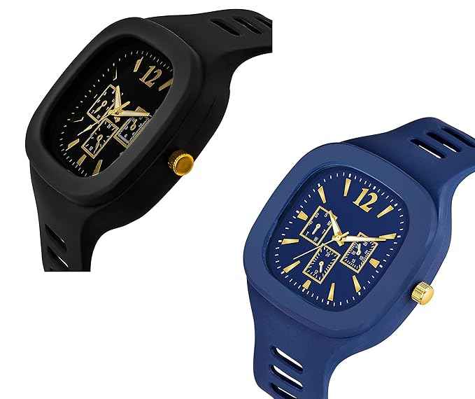 Square Dial Combo Watch for Boys & Men - Dual Color Silicone Strap Analog Watch (Black & Blue) - SKU-W7