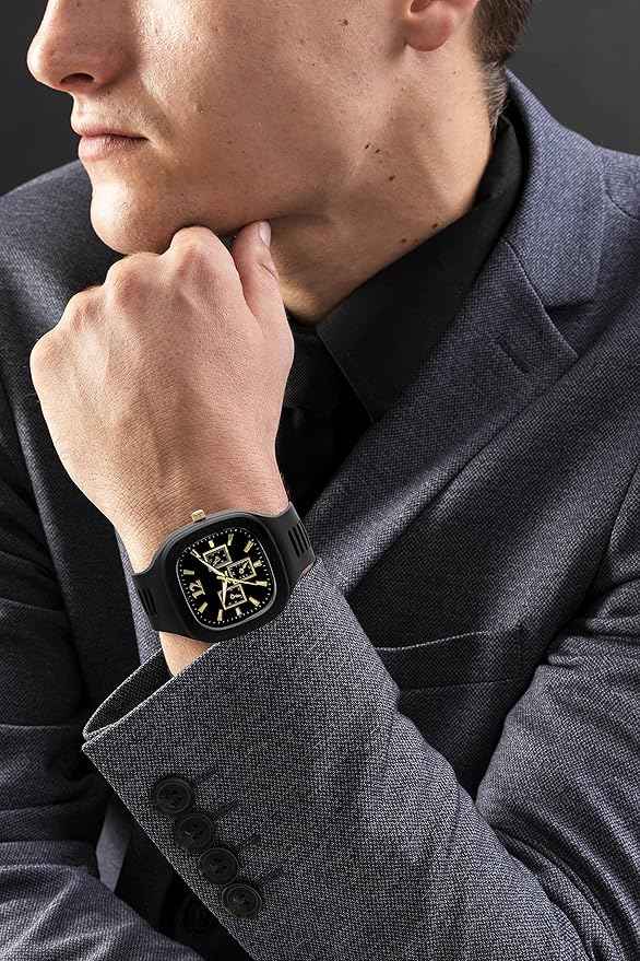 Square Dial Combo Watch for Boys & Men - Dual Color Silicone Strap Analog Watch (Black & Blue) - SKU-W7