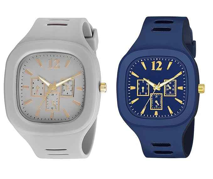 Square Dial Combo Watch for Boys & Men | Dual Color Grey and Blue Silicone Strap Analog Watch | SKU-W10
