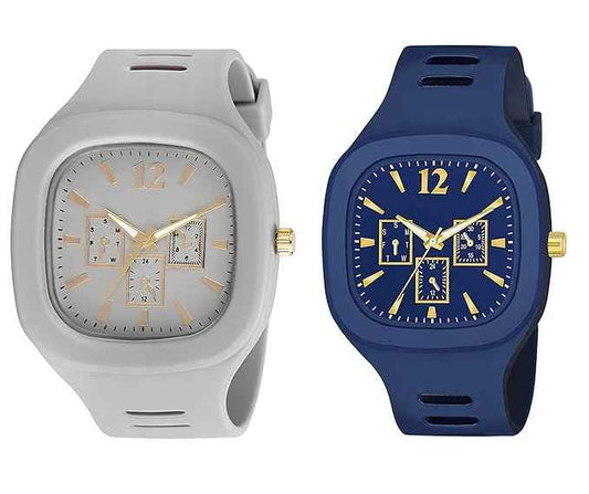 Square Dial Combo Watch for Boys & Men | Dual Color Grey and Blue Silicone Strap Analog Watch | SKU-W10