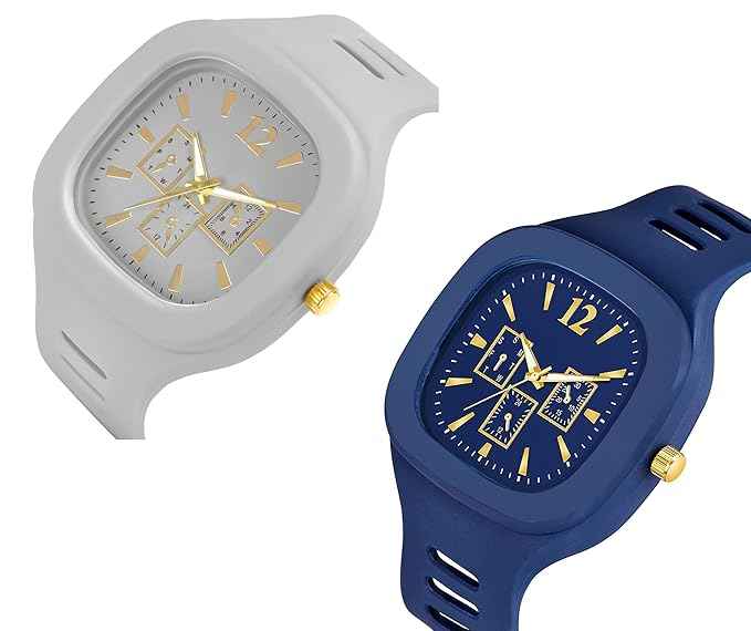 Square Dial Combo Watch for Boys & Men | Dual Color Grey and Blue Silicone Strap Analog Watch | SKU-W10