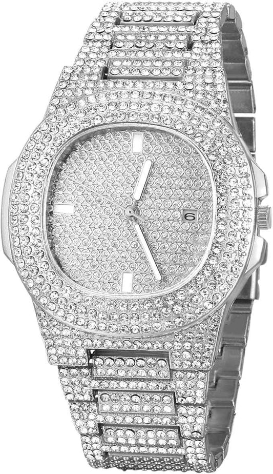 Men’s Iced Out Diamond Watch | Luxury Hip-Hop Silver Rhinestone Quartz Wristwatch for Halloween & Christmas
