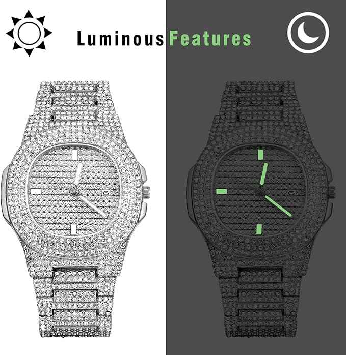 Men’s Iced Out Diamond Watch | Luxury Hip-Hop Silver Rhinestone Quartz Wristwatch for Halloween & Christmas
