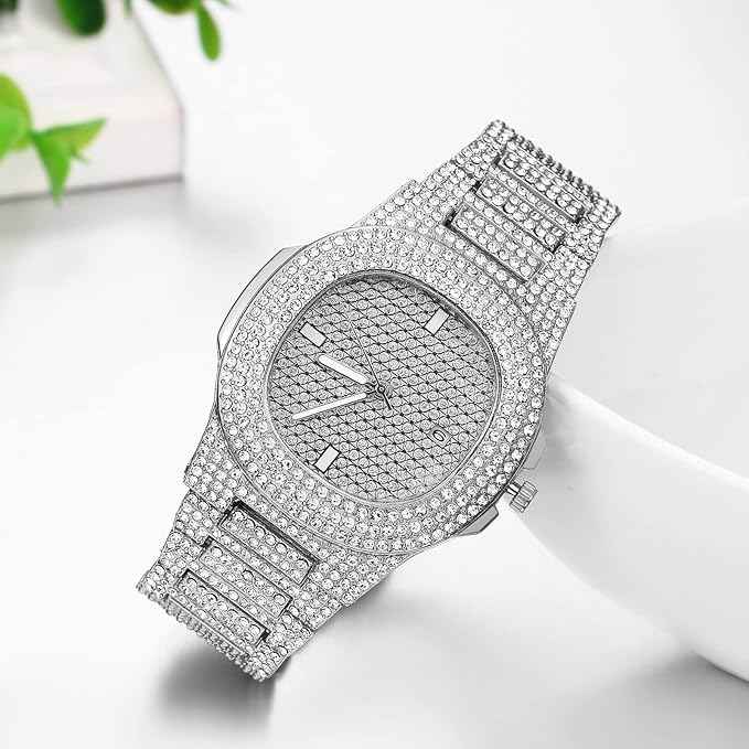 Men’s Iced Out Diamond Watch | Luxury Hip-Hop Silver Rhinestone Quartz Wristwatch for Halloween & Christmas