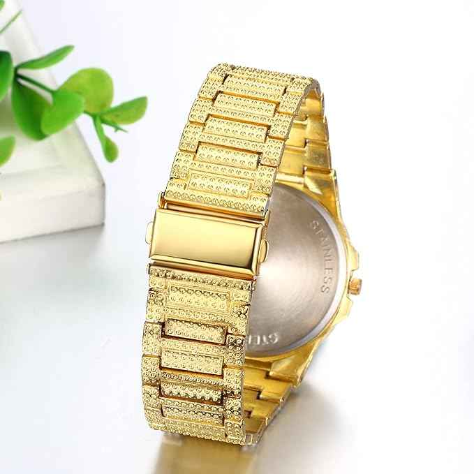 Men’s Iced Out Diamond Watch | Luxury Gold Rhinestone Quartz Wristwatch for Hip-Hop Style & Holiday Gifts