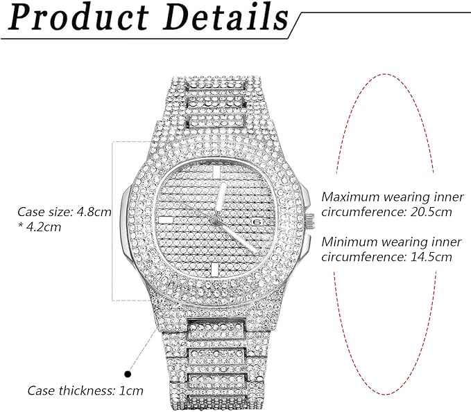 Men’s Iced Out Diamond Watch | Luxury Hip-Hop Silver Rhinestone Quartz Wristwatch for Halloween & Christmas