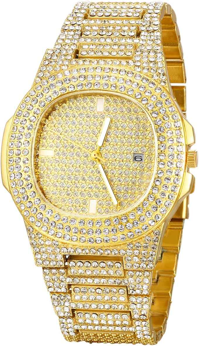Men’s Iced Out Diamond Watch | Luxury Gold Rhinestone Quartz Wristwatch for Hip-Hop Style & Holiday Gifts