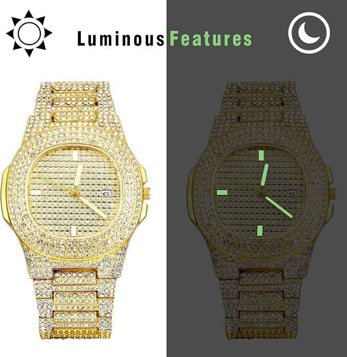 Men’s Iced Out Diamond Watch | Luxury Gold Rhinestone Quartz Wristwatch for Hip-Hop Style & Holiday Gifts