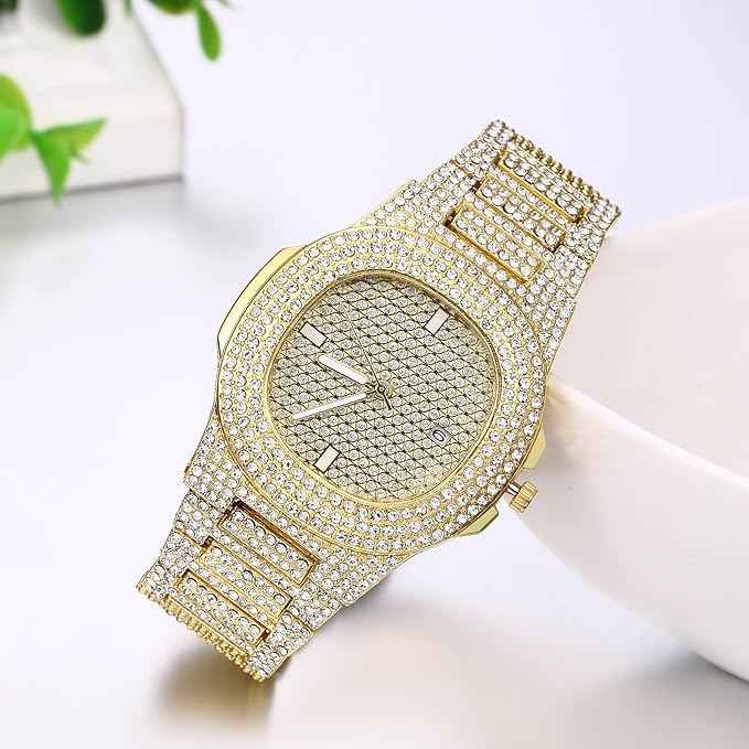 Men’s Iced Out Diamond Watch | Luxury Gold Rhinestone Quartz Wristwatch for Hip-Hop Style & Holiday Gifts