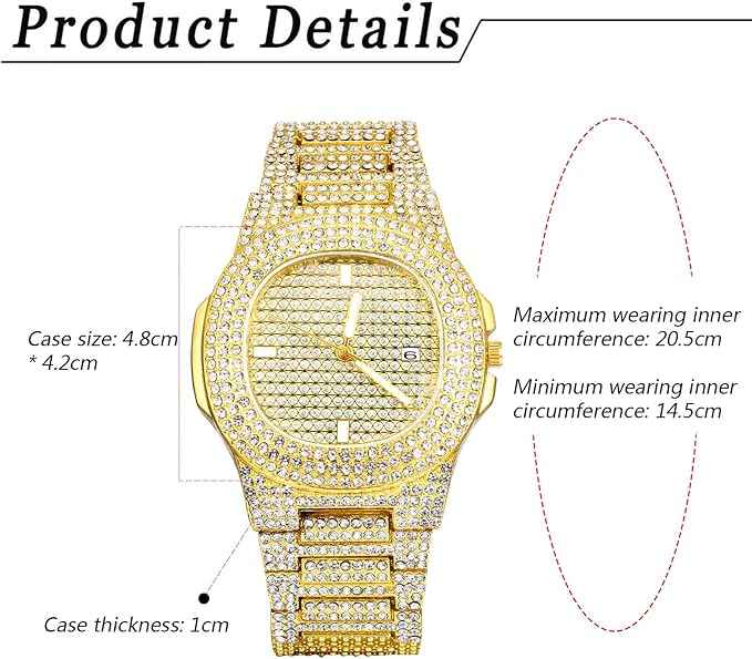 Men’s Iced Out Diamond Watch | Luxury Gold Rhinestone Quartz Wristwatch for Hip-Hop Style & Holiday Gifts