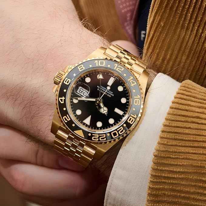 Men's Luxury GMT Watch | 18K Gold-Plated Design with Black Dial and Rotating Bezel | Water-Resistant Timepiece