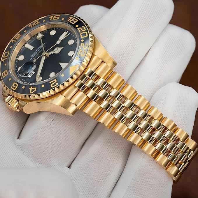 Men's Luxury GMT Watch | 18K Gold-Plated Design with Black Dial and Rotating Bezel | Water-Resistant Timepiece