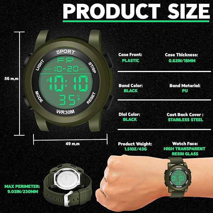 Black Dial Digital Sports Watch for Men & Boys | Waterproof Multi-Function Rubber Strap Wristwatch