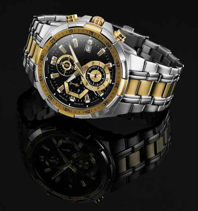 Men’s Luxury Chronograph Watch - Two-Tone Silver & Gold Stainless Steel Wristwatch with Black Dial and Date Display