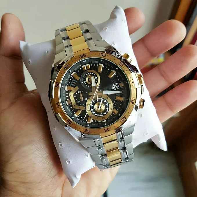 Men’s Luxury Chronograph Watch - Two-Tone Silver & Gold Stainless Steel Wristwatch with Black Dial and Date Display