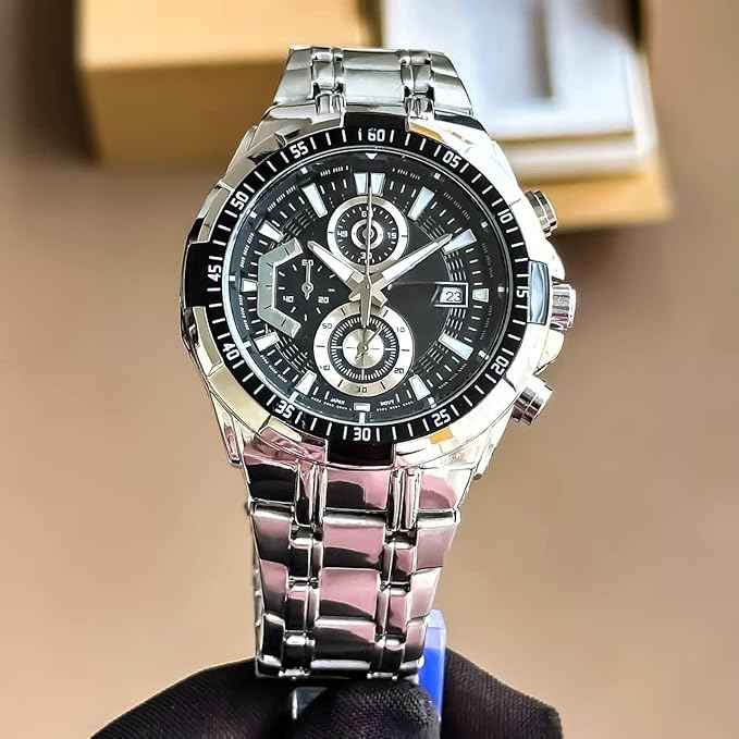 Men’s Luxury Chronograph Watch | Two-Tone Silver & Gold | Black Dial with Date Display | Elegant Stainless Steel Wristwatch